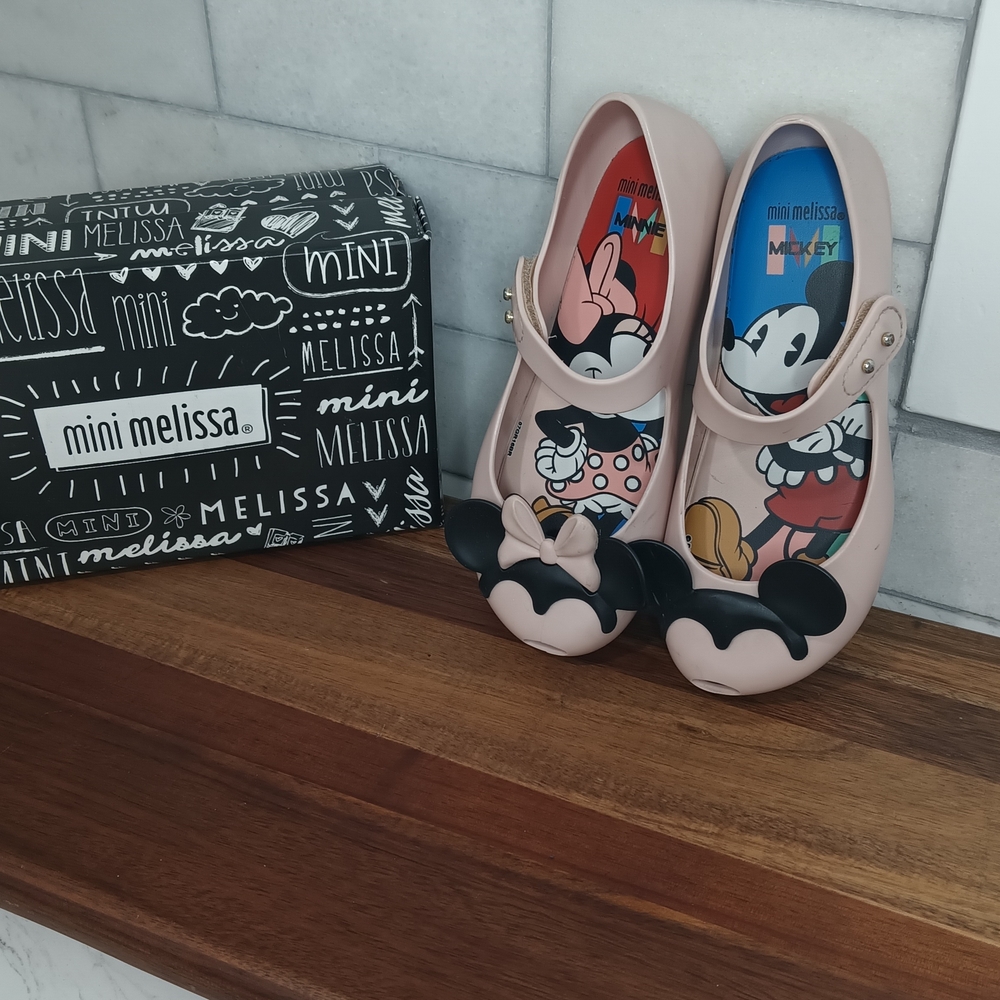 Mini Melissa Pink Minnie & Mickey Mary Jane Shoes with Black Bow Accents